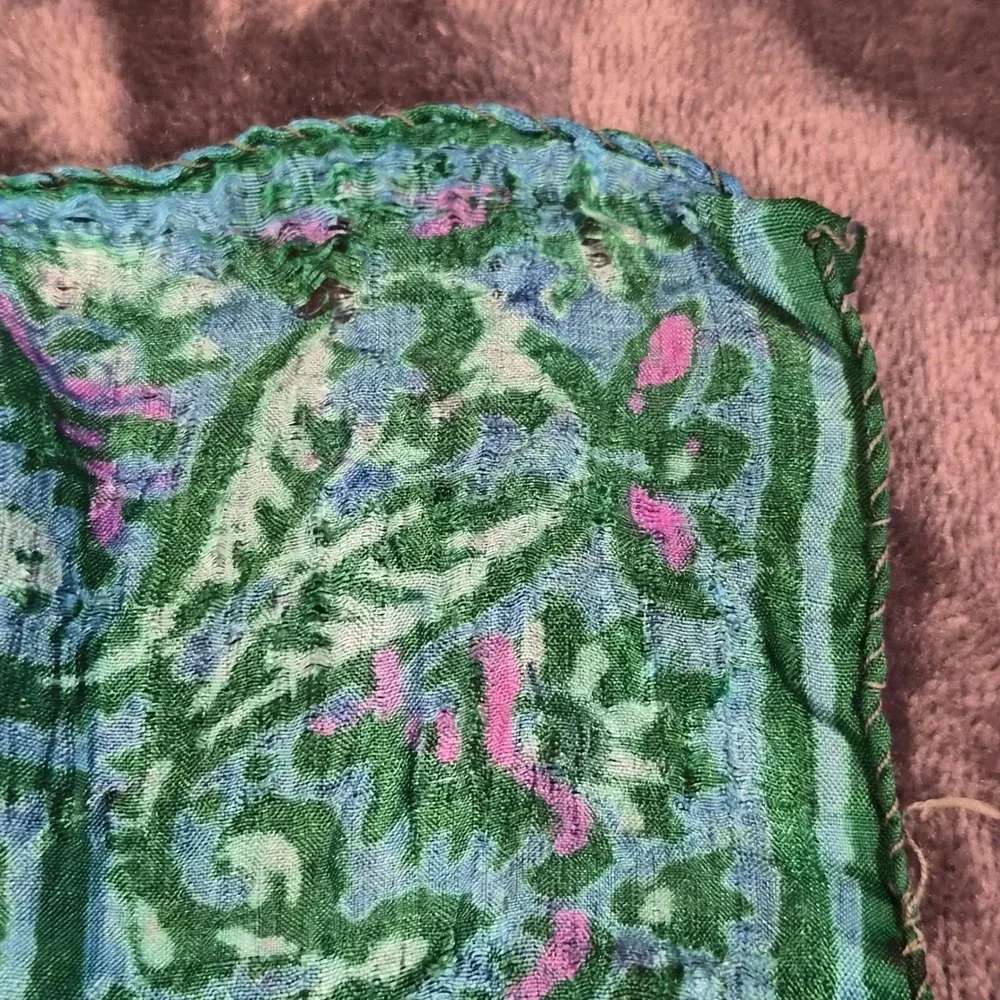 Vintage Silk Square Scarf Green Purple Floral Paisley Block Print 27x27 Thin